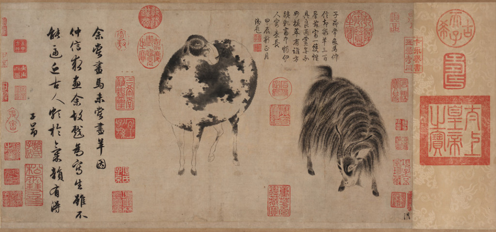 Zhao Mengfu (1254-1322), "Pecora e capra". L'iscrizione sulla sinistra è calligrafata dallo stesso pittore. Quella in alto a destra, aggiunta nel XVIII sec., è di mano dell'imperatore Qianlong. 